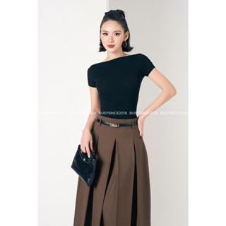 [BUSY] Áo Ngắn Tay Cổ Thuyền Dáng Thường Nữ BUSY Thun Zip Dẻo Co Giãn Ôm Sát NT30T