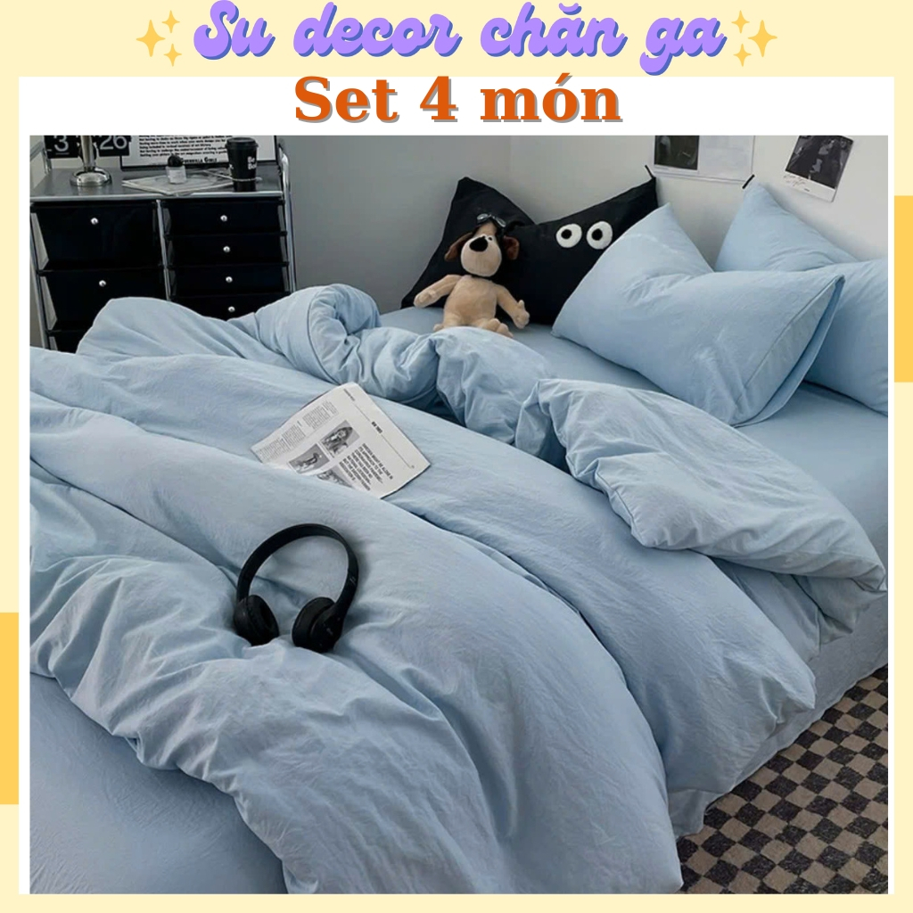 Bộ grap trải giường cotton đũi cao cấp nhiều màu sắc Bộ chăn ga trải giường cotton tici 4 món