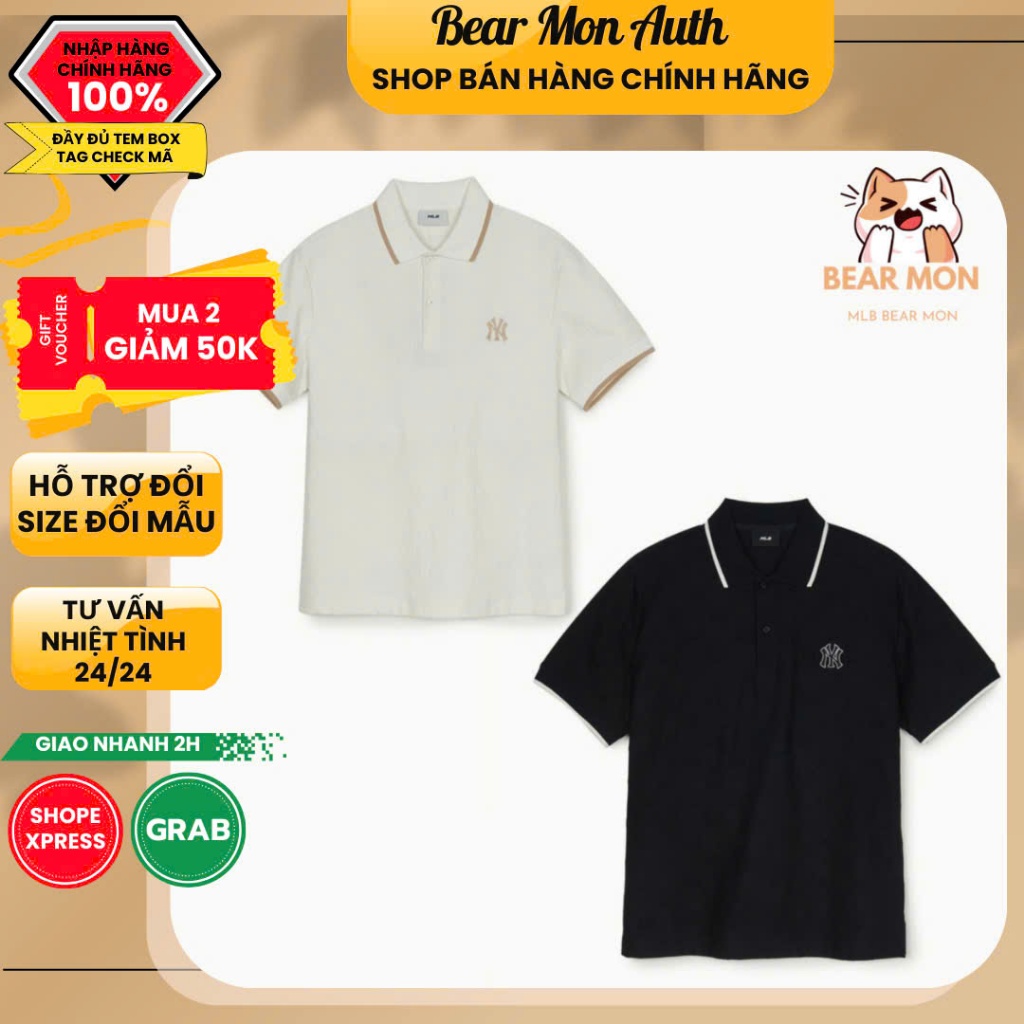 Áo Polo MLB Dia MONOGRAM Tonal Jarcquard Polo T Shirts 3APQM0253 Màu Trắng / Đen