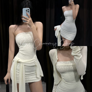  ChocomyShop - Set đầm ống cúp ngực dáng ngắn ôm body phối khoác ngoài tay dài dáng croptop trơn phong cách 