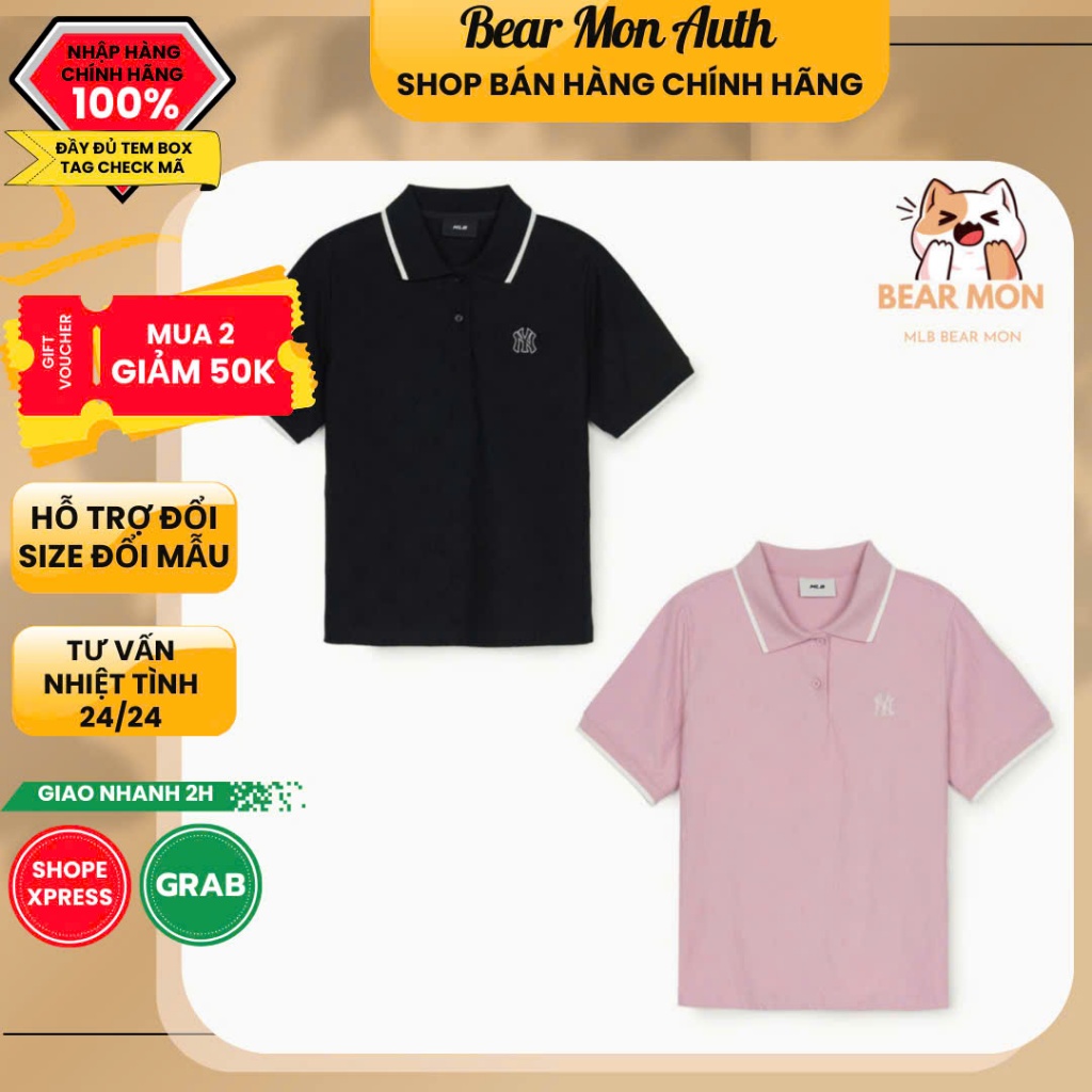 Áo Polo MLB Women`S Dia MONOGRAM Tonal Jacquard Polo T Shirts From Nữ 3FPQM0353 Màu Hồng / Đen