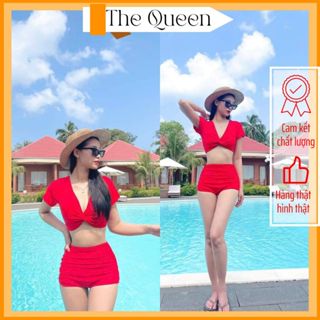  Bikini đồ bơi nữ đi biển tay lửng áo xoắn ngực quần cạp cao  nhiều màu The Queen Bikini 002 