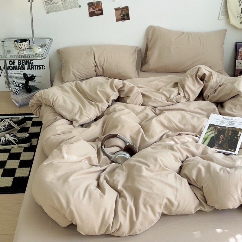Bộ Chăn Ga Gối Cotton Tici Emmidecor Mẫu Be full notag dùng cho homestay, villa, nhà nghỉ