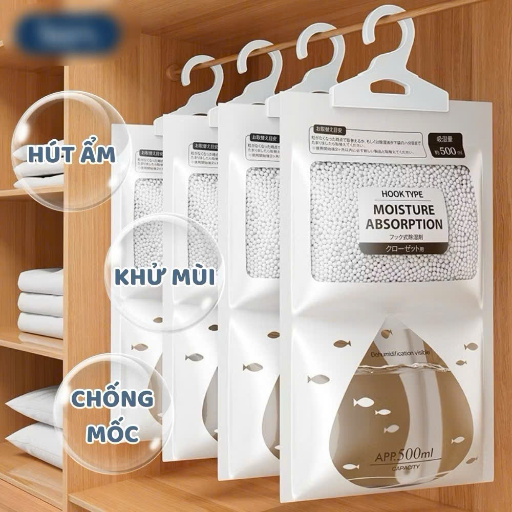COMBO 10 Túi Hút Ẩm Khử Mùi 2 Ngăn Siêu Thấm Hút , Thể Tích 500ml Chống Mốc , Có Móc Treo Siêu Tiện Lợi