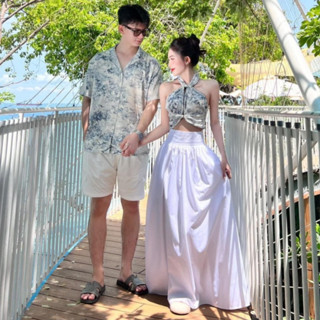 Set đồ nam nữ, váy đi biển cổ yếm thắt nơ phối áo sơ mi nam chất lụa hàn dành cho các cặp đôi đi du lịch