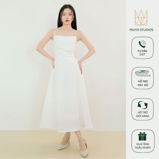 Đầm dự tiệc thiết kế màu trắng nhún eo form xòe dây vai đính ngọc trai sang chảnh