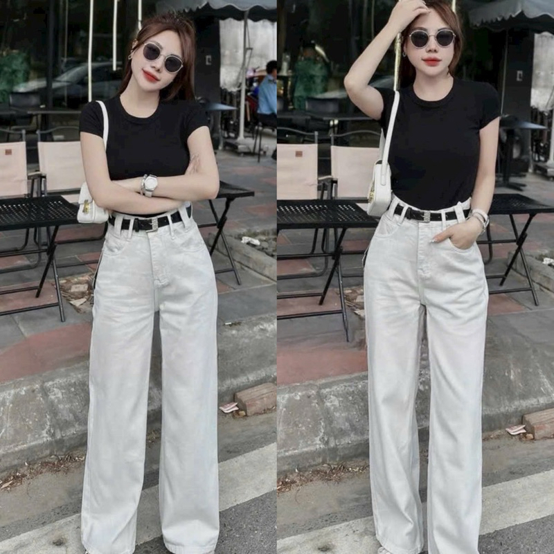 BLee (S-2XL)B3346-Quần jeans suông cạp cao màu trắng có hai chiều dài (95cm-103cm) chất vải mềm  có 