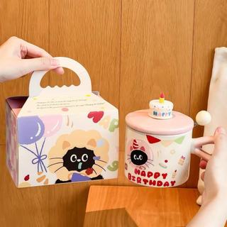  Quà tặng cốc sứ Ly sứ có nắp hình Chú Mèo Sinh Nhật 380ml có hộp quà thích hợp làm quà tặng có muỗng chất lượng cao cấp 