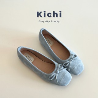 Giày búp bê đế bằng bệt màu jean nhung mịn, giày lười nữ có nơ xanh dương da mềm balletcore - denim ballet flat mã 1095