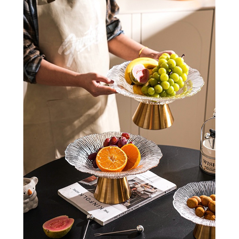 Khay bánh thuỷ tinh đế kim loại đựng hoa quả và bánh kẹo / Lotus Glass Fruit Plate