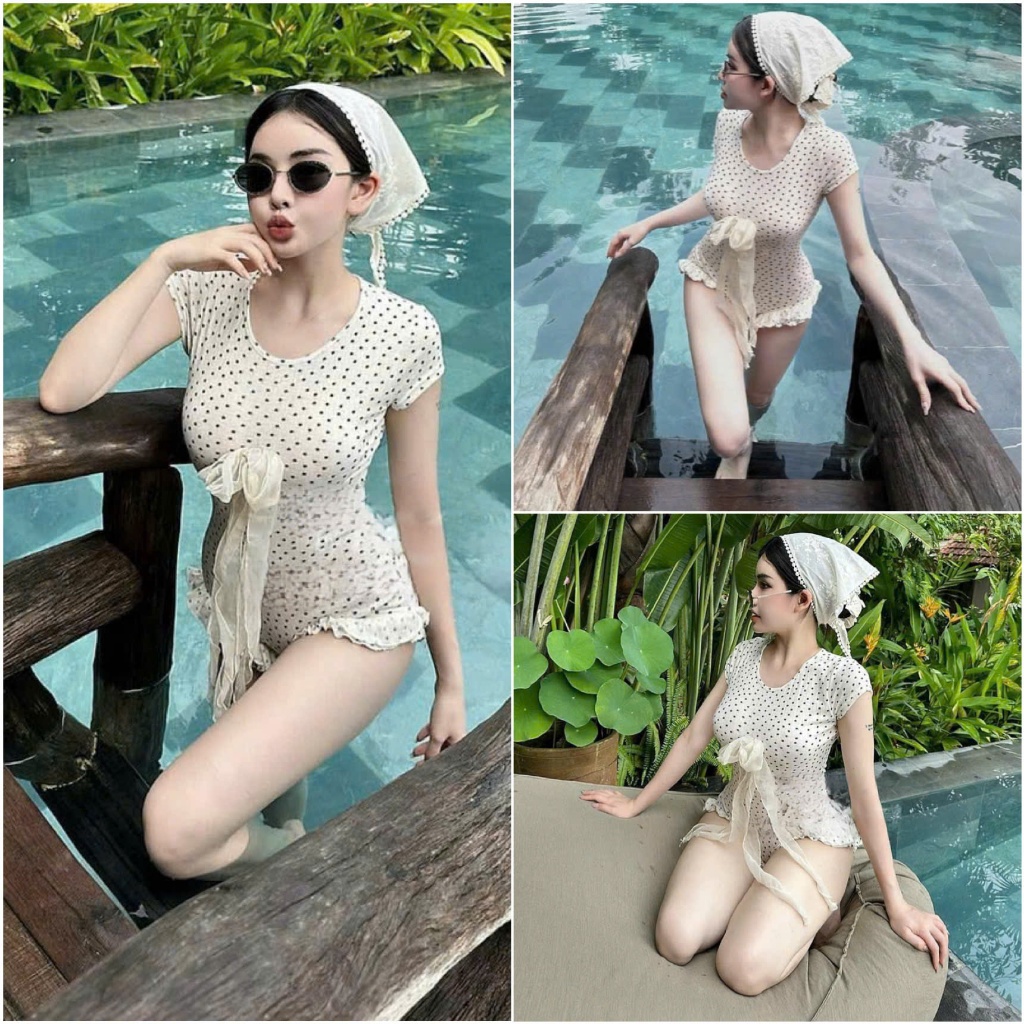 Sét jumsuidd tăm hoa gồm jum đùi, viền bèo,đính nơ mix kèm khăn choàng đầu với tone màu nhẹ nhàng dành diện đi biển xinh