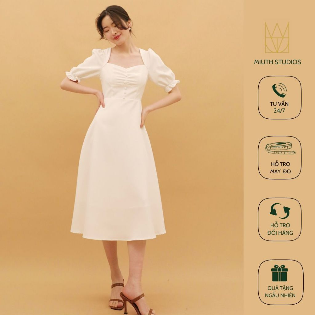 Đầm dự tiệc dáng dài form xòe thiết kế cúp nhún ngực tay bồng