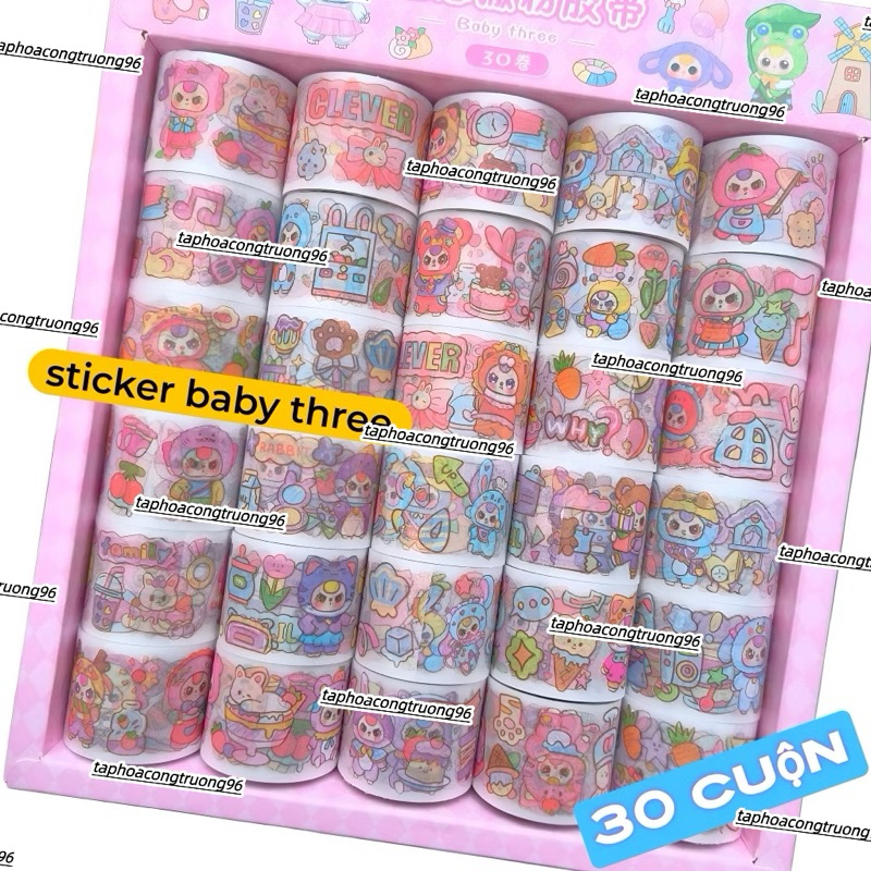Khay 30 cuộn hình dán sticker baby three ,dãn nhãn đồ chơi cho bé siêu hót