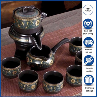 Bộ Ấm Chén Pha Trà Cối Xay - Xanh Đen Vàng (bao gồm 1 ấm trà, 6 chén trà và 1 bộ cối xay)