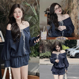 Set Đồ Nữ - Áo Trễ Vai Kẻ Xanh Cổ Nơ Tay Phồng Kèm Quần Short Rời Siêu Xinh MS25