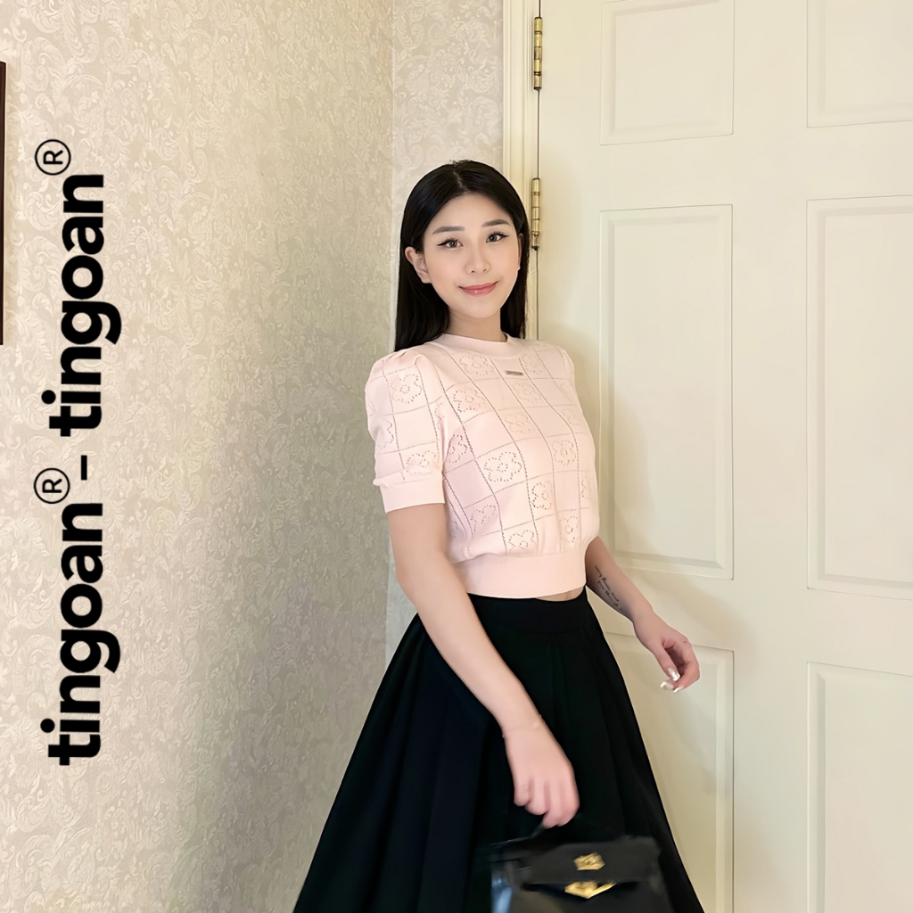 TINGOAN® - Áo len siêu mỏng hồng có logo TINGOAN® ngắn tay cổ tròn vân hoa FLOWER TOP/PK | BigBuy360 - bigbuy360.vn