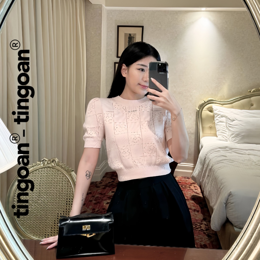 TINGOAN® - Áo len siêu mỏng hồng có logo TINGOAN® ngắn tay cổ tròn vân hoa FLOWER TOP/PK | BigBuy360 - bigbuy360.vn