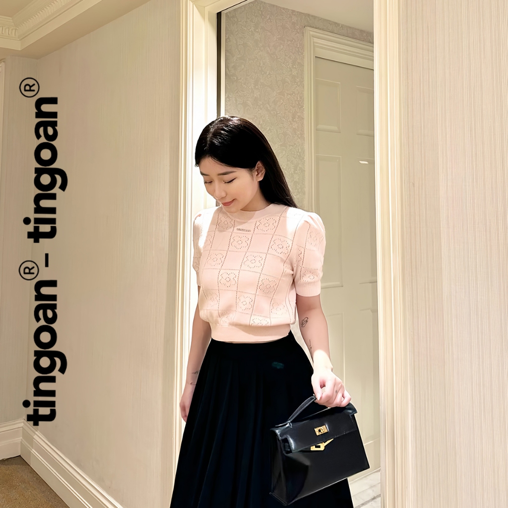TINGOAN® - Áo len siêu mỏng hồng có logo TINGOAN® ngắn tay cổ tròn vân hoa FLOWER TOP/PK | BigBuy360 - bigbuy360.vn