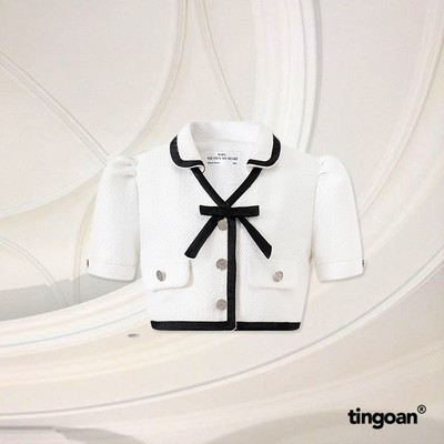 TINGOAN®  - Áo tweed trắng ngắn tay croptop cổ V phối nơ cúc đá YUKA YUKA TWEED TOP/WH