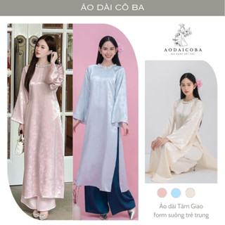 Áo dài cách tân nữ cổ tròn Tâm Giao dáng suông đính đá cổ sang đẹp - Áo dài cô ba