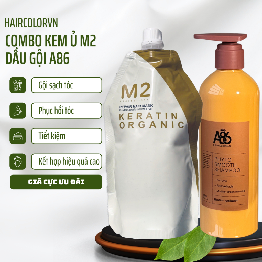 Combo tiết kiệm kem ủ tóc M2 Keratin dầu gội đầu A86 phục hồi tóc hiệu quả tại nhà