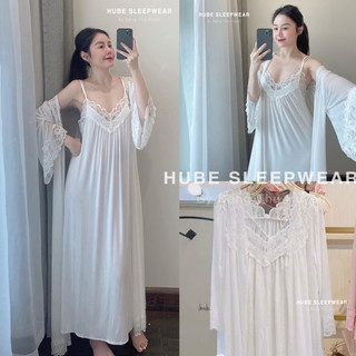  < Có sẵn >   CAO CẤP   Set Váy Ngủ Kèm Áo Choàng Thun Phối Ren Mềm Dáng Dài Tiểu Thư QC Loại 1 Chuẩn Ảnh- Hube Sleepwear 