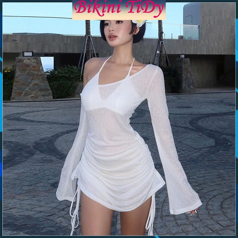 Set 3 Món Bikini Kèm Áo Đầm Dây Rút Trễ Vai Trắng Đen TS109 | BigBuy360 - bigbuy360.vn
