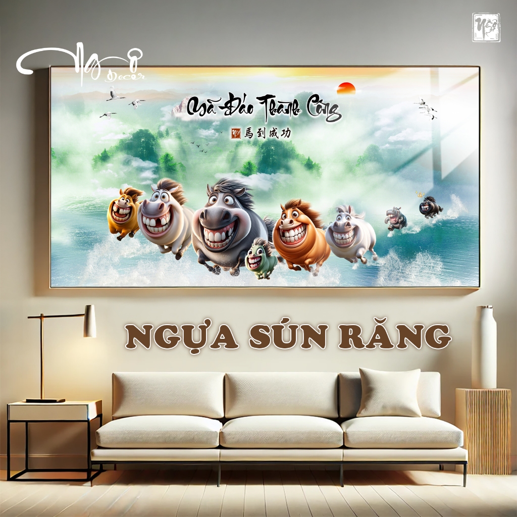 Tranh vô tri MÃ ĐÁO THÀNH CÔNG - MÃI DÉLL THÀNH CÔNG ngựa chế hài hước, Tranh gỗ tráng gương bo viền