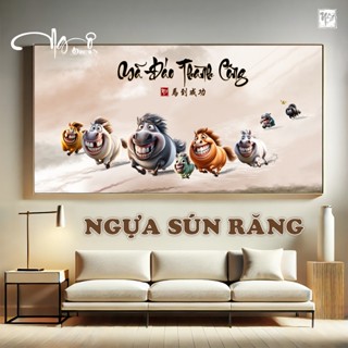 Tranh vô tri MÃ ĐÁO THÀNH CÔNG - MÃI DÉLL THÀNH CÔNG ngựa chế hài hước, Tranh gỗ tráng gương bo viền