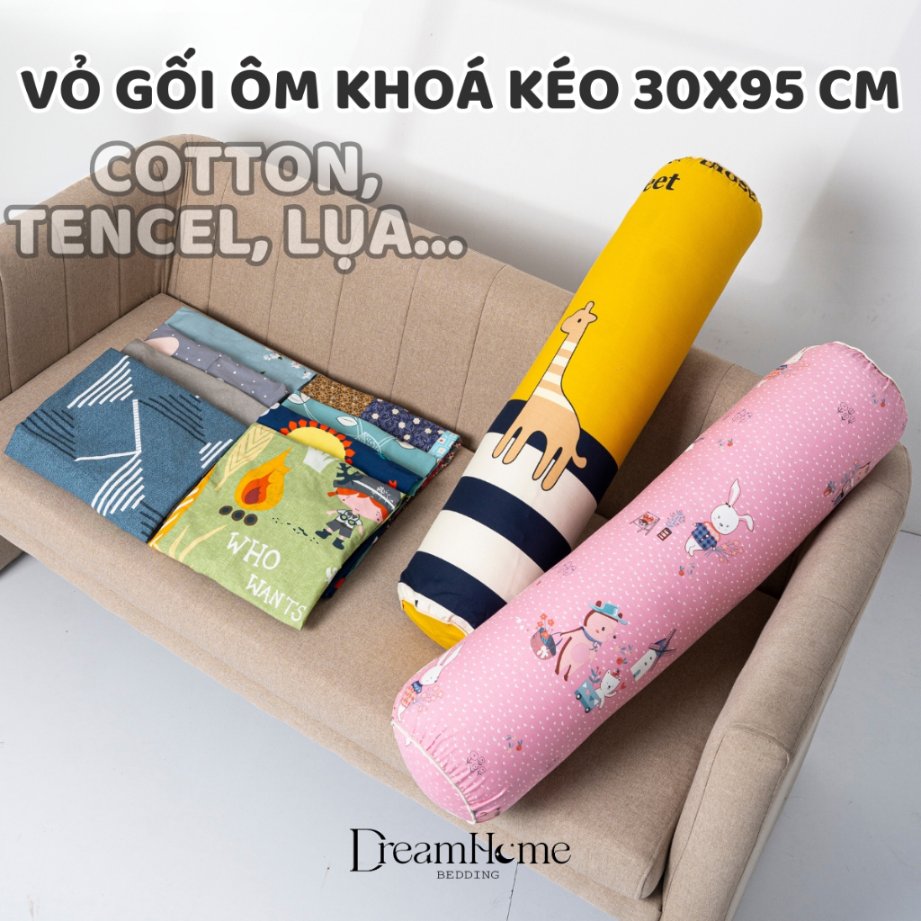 Vỏ Gối Ôm Kéo Khóa Cotton 100% Dài 95cm, Áo Gối Ôm Dây Kéo Vừa Ruột Gối Ôm 35x100 Dreamhomebedding