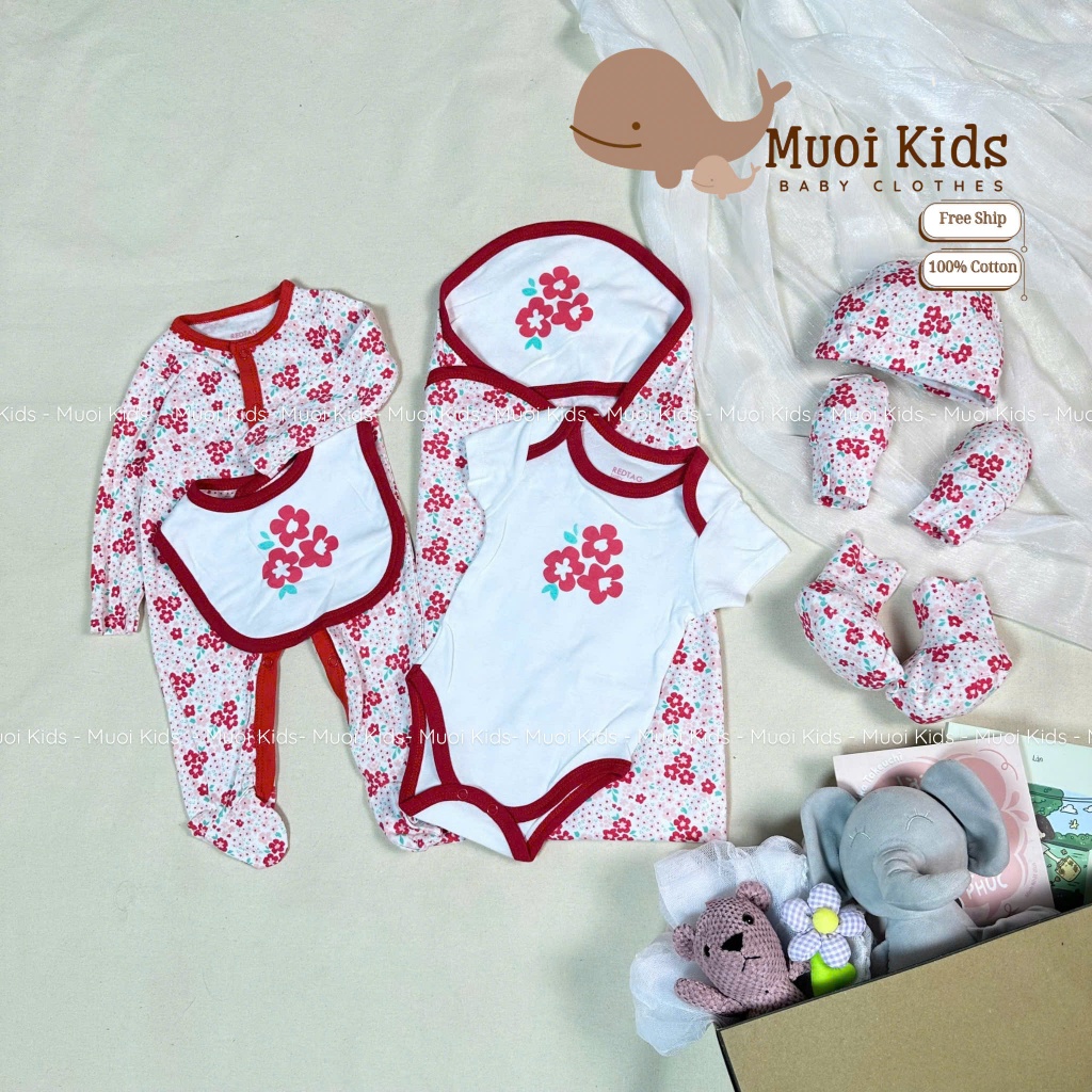 Set Đồ Sơ Sinh - Set Quà Tặng 7 Món Cho Bé (Body, Choàng Ủ, Mũ Cho Bé, Bao Tay, Bao Chân, Yếm Cho Bé) Size Newborn
