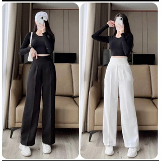 Quần ống suông nữ cạp cao culottes khoá sườn dáng dài vải tuyết mưa