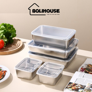  Hộp đựng thực phẩm inox 304 an toàn chống gỉ kèm nắp nhựa khay inox chữ nhật - BOLI HOUSE 