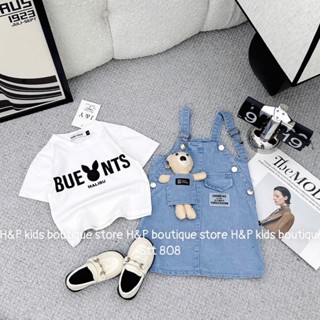 Set yếm jean, váy yếm cho bé gái kèm áo phông phối gấu bông siêu xinh