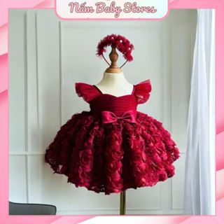 Váy công chúa cánh tiên cho bé, đầm công chúa hoa hồng nổi kim sa cho bé gái tặng kèm bờm nơ xinh yêu