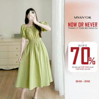 MYAN DESIGN Váy Thô Chun Vai Cộc Tay Buộc Nơ Ngực Dây Buộc Cổ Yếm Tay Cộc Phồng Dáng Dài Xòe Nữ Tính Vvn052310