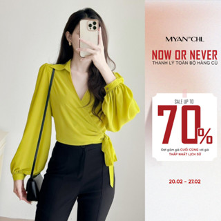 MYAN DESIGN Áo Sơ Mi Nữ Buộc Vạt Chéo Vải Voan Dáng Ngắn Croptop Cổ V Tay Dài Bồng Điệu Đà Nữ Tính Avn052303