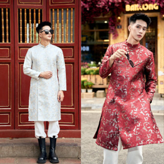 Áo dài cách tân nam 2025, áo dài nam thiết kế xẻ tà chất liệu gấm họa tiết cao cấp ( có cầu vai )