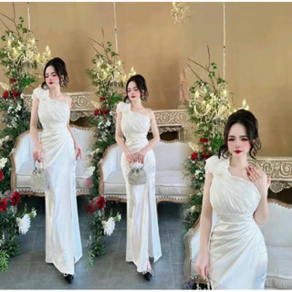  Đầm dự tiệc dạ hội váy trắng lụa lệch vai hoa đính ngọc xẻ đùi sang trọng 