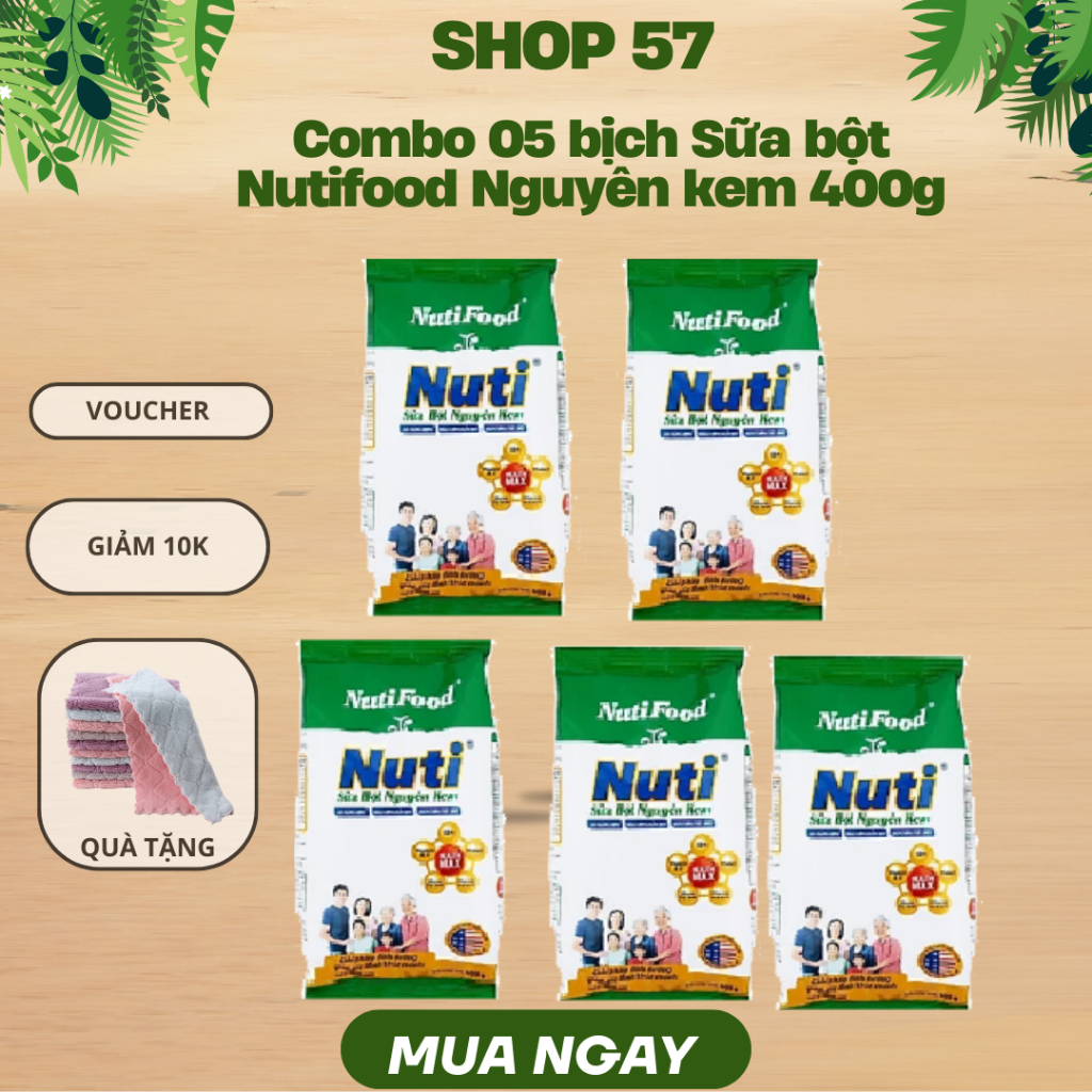 (Date T10/2027)Combo 5 Bịch Sữa Bột Nguyên Kem NutiFood 400g Giàu Canxi, Thơm Ngon