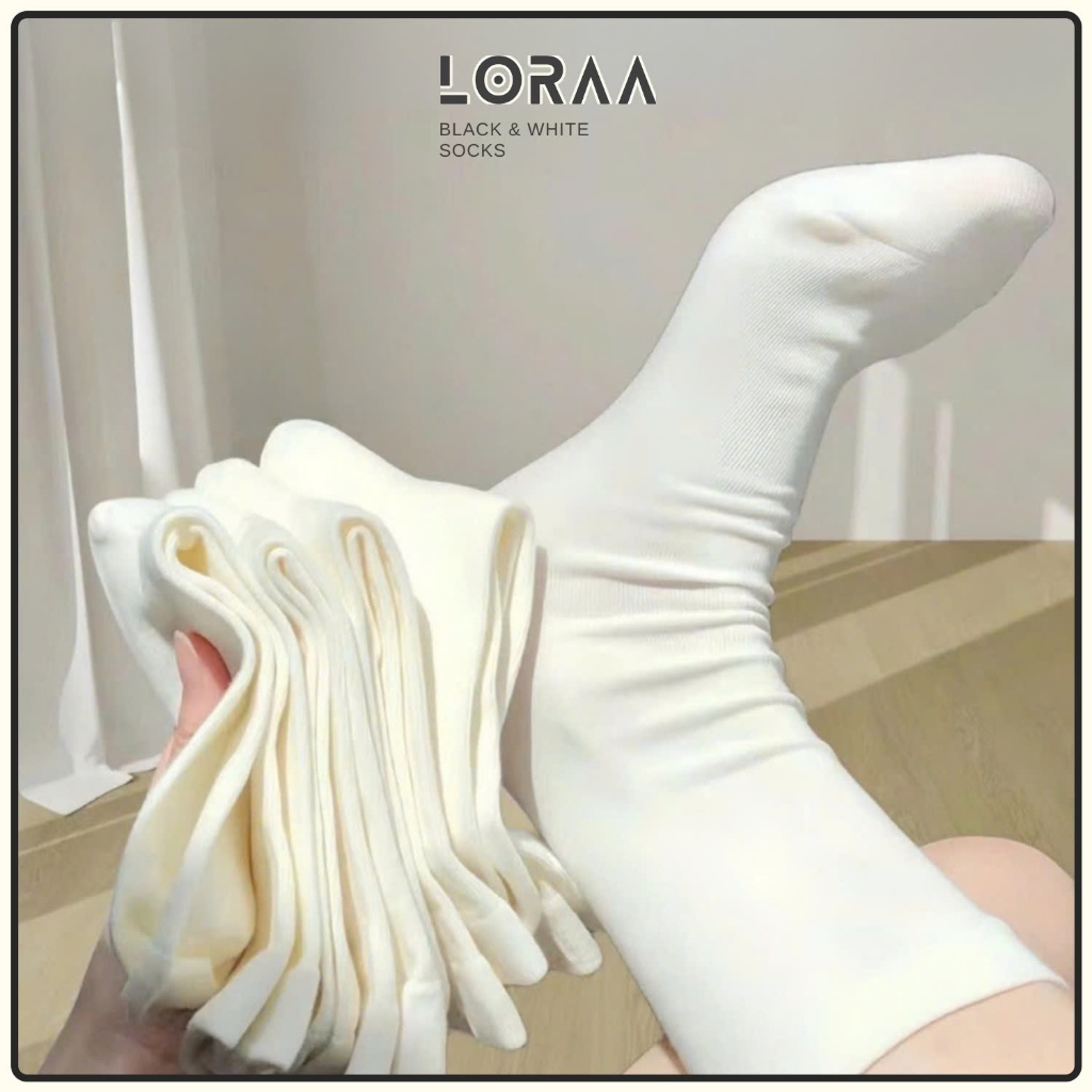 Tất nam nữ cổ cao trắng đen basic style Hàn Quốc, chất liệu cotton co giãn 4 chiều - Loraa Shop