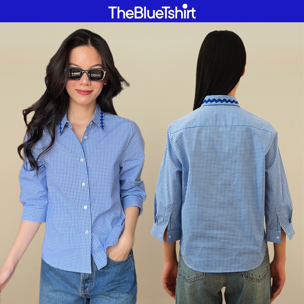 TheBlueTshirt - Áo sơ mi kẻ sọc caro tay lửng phồng nhẹ cổ viền zigzag lace cho nữ - Checked Treasur