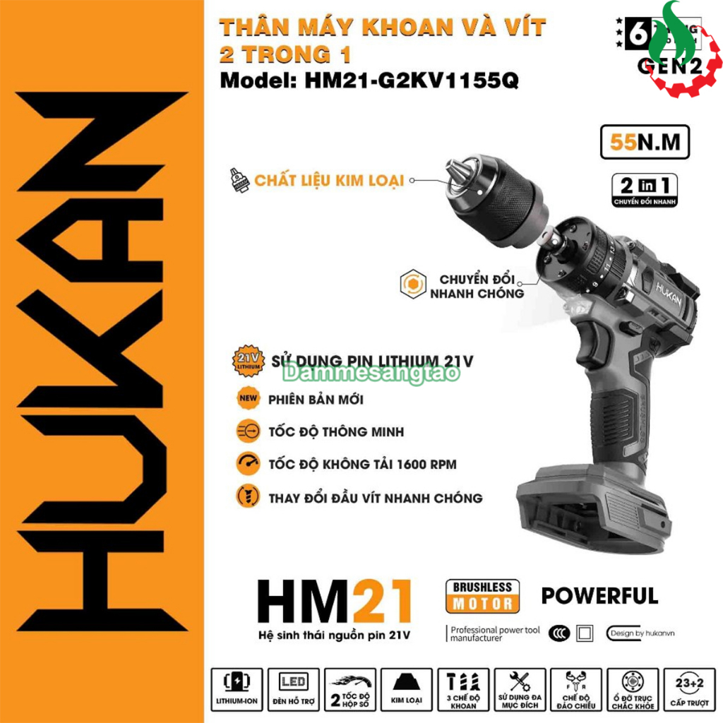 Máy khoan và vít pin 21V Hukan HM21-G2KV1155Q 55Nm (2 trong 1)