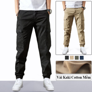 Quần Jogger Kaki Túi Hộp Nam VICENZO Vải Cotton Dày Dặn Thấm Mồ Hôi, Quần Kaki Nam Jogger Túi Hộp Cạp Chun Bo Gấu