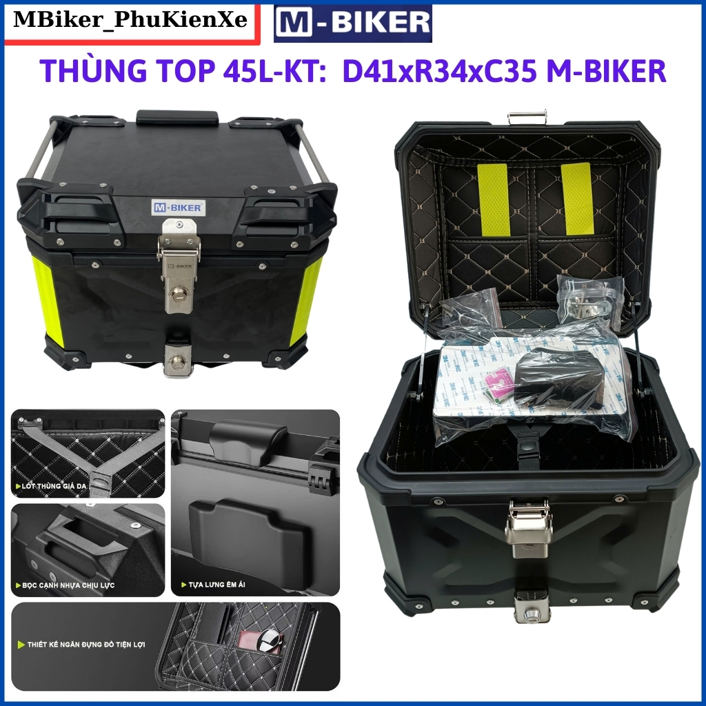 Thùng nhôm Mbiker_ 45L 36L 35L 28L 22L, thùng top nhôm, thùng nhôm gắn xe máy, thùng hông xe mbiker