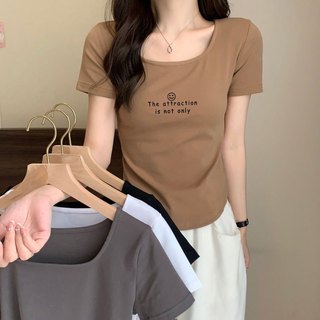  Mùa hè Hè Mỏng chất lạnh Áo thun nữ Cổ vuông Vạt Bầu Tay ngắn Cuc xinh cá tính thời trang Tay ngắn Trơn Áo phông Cao cấp 