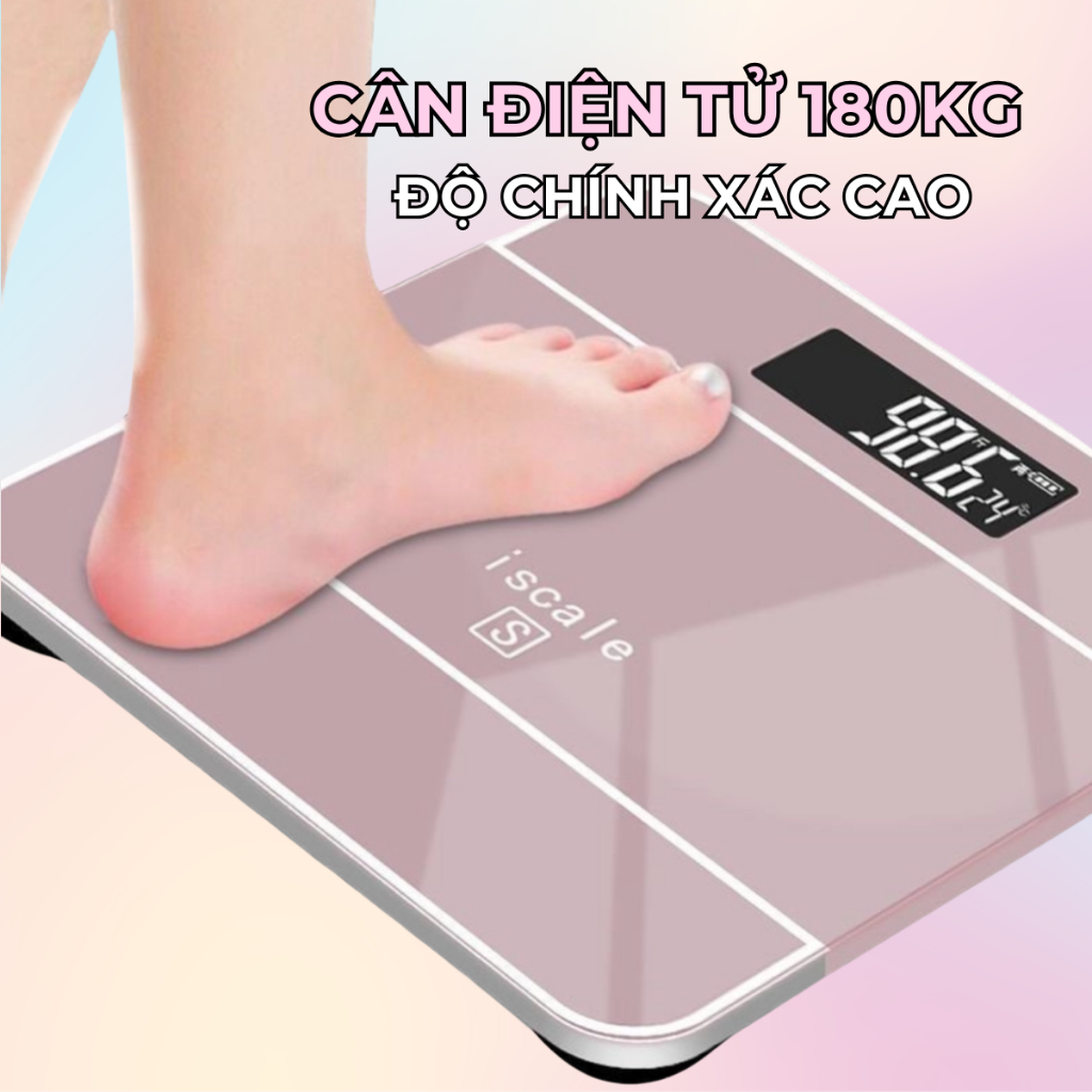 ( Tặng Pin - Chọn Màu ) Cân Điện Tử Iscale 180Kg Mặt Kính Cường Lực Cân Sức Khỏe Gia Đình Cao Cấp