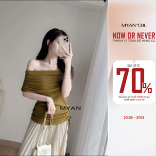 MYAN DESIGN Áo Trễ Vai Len Tăm Rút Sườn Dáng Ôm Màu Trơn Avn022305