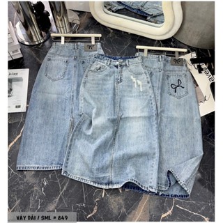 TIENSTYLE _ Chân váy Jean thêu nơ túi sau mạc da lưng phom dài -Chân váy jean xẻ bên lai tưa mạc chữ phong cách