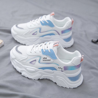 Giày thể thao sneaker nữ tăng chiều cao chất da mềm phối vải thoáng khí kiểu dáng dây buộc đế độn 5cm